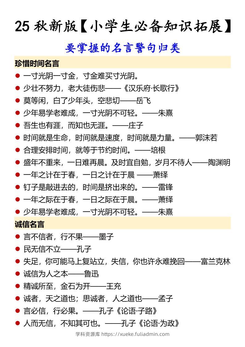 【2025秋新版】【小学生必备知识拓展】要掌握的名言警句归类-六上语文-学科资源库