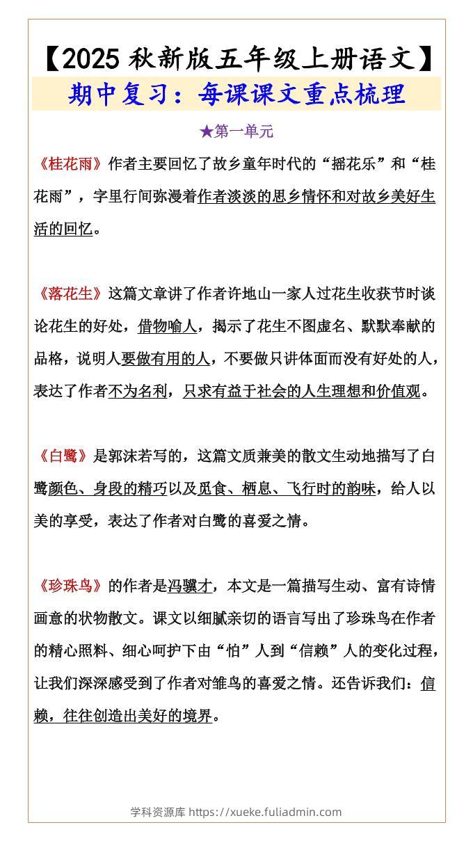 【2025秋新版】【五年级上册语文】期中复习：每课课文重点梳理-学科资源库