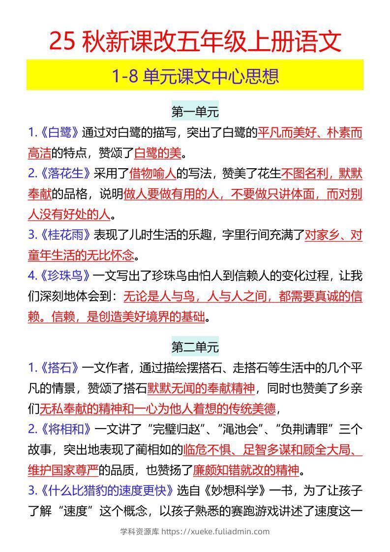 【2025秋新版】五年级上册语文1-8单元课文中心思想-学科资源库