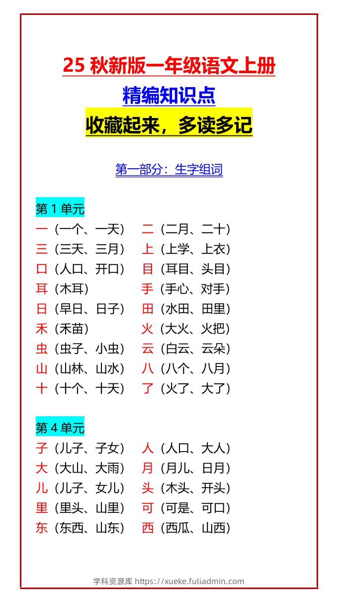 【2025秋新版】一年级语文上册精编知识点收藏起来，多读多记-学科资源库