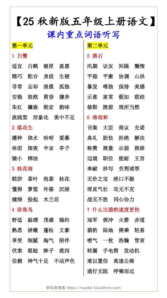 【2025秋新版】【五年级上册语文】课内重点词语听写-学科资源库