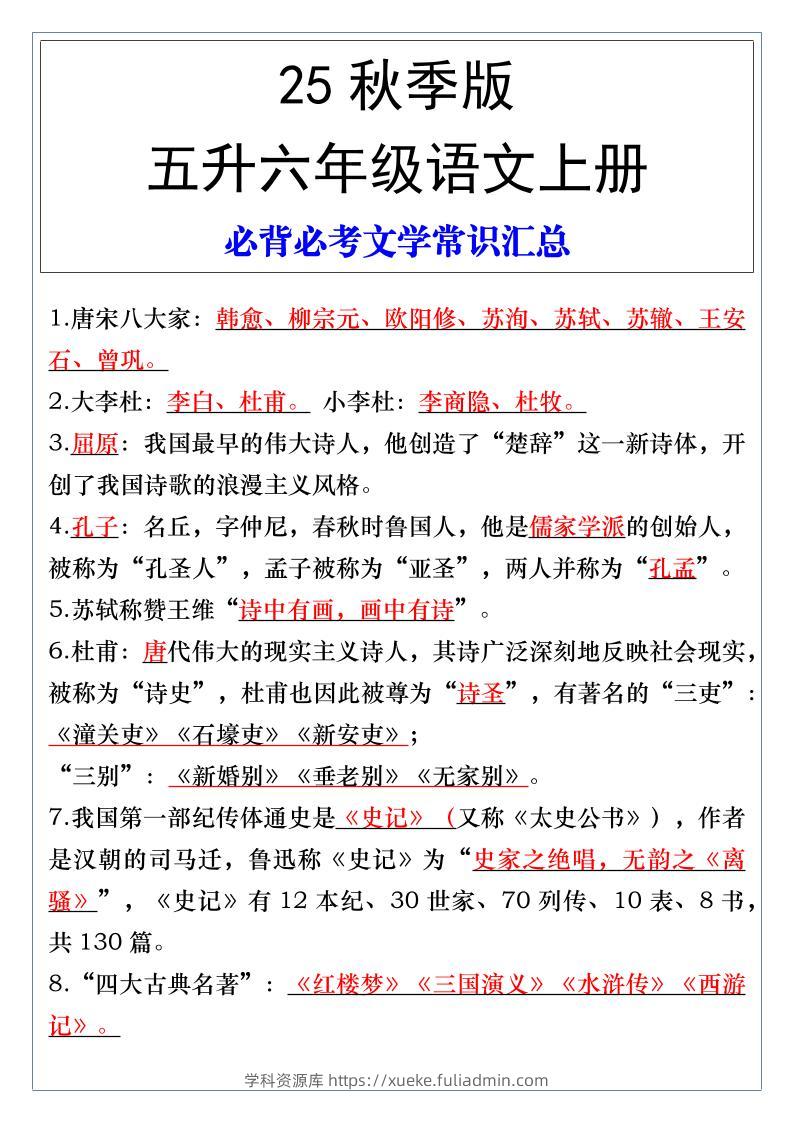 【2025秋新版】五升六年级语文上册必背必考文学常识汇总-学科资源库