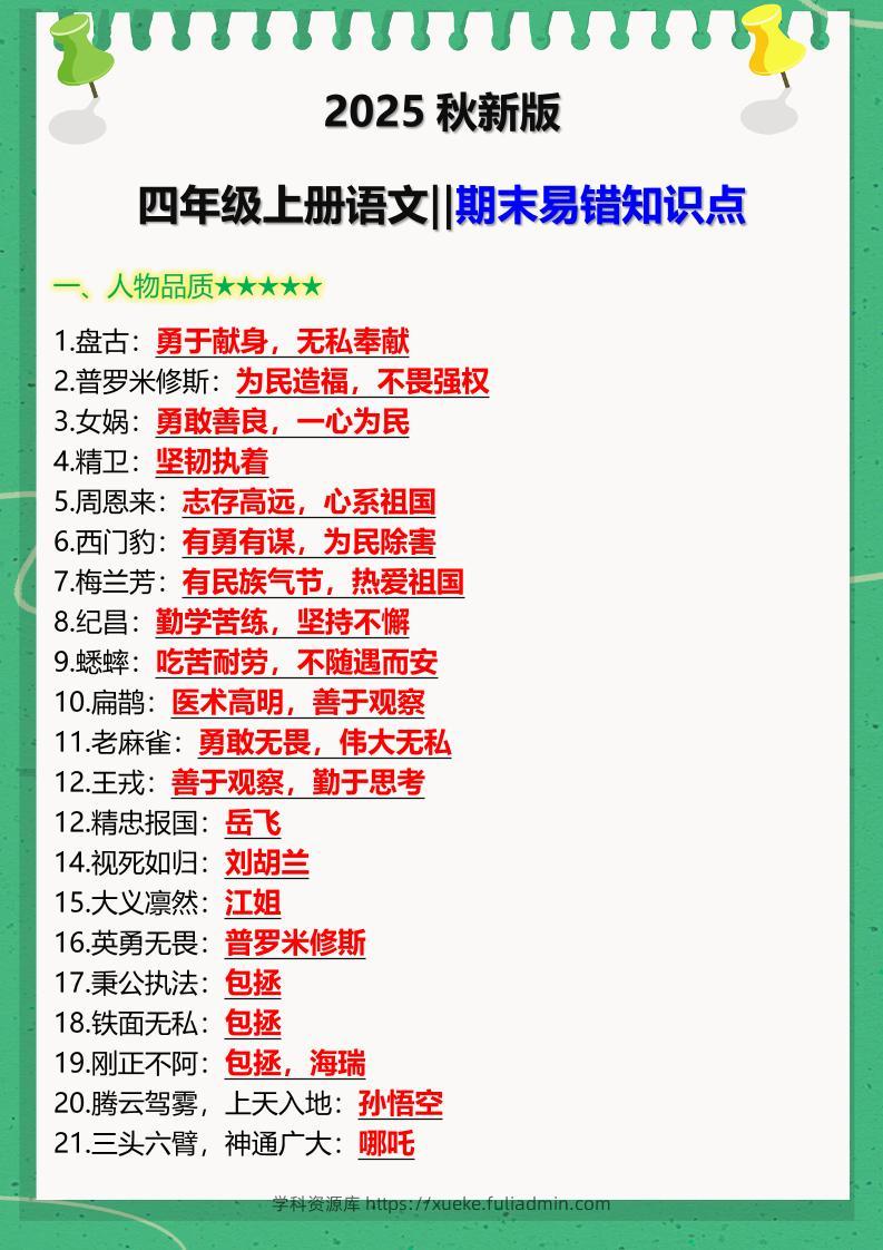 【2025秋新版】四年级上册语文‖期末易错知识点-学科资源库