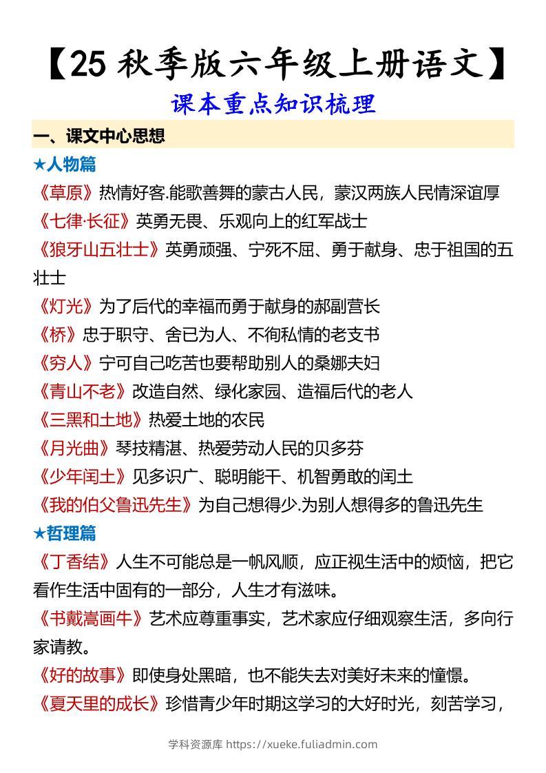 【2025秋新版】【六年级上册语文】课本重点知识梳理-学科资源库