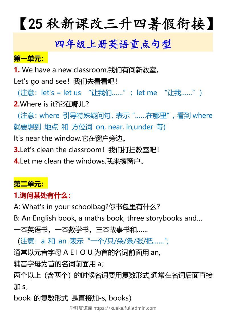【2025秋新版】四年级上册英语重点句型-学科资源库