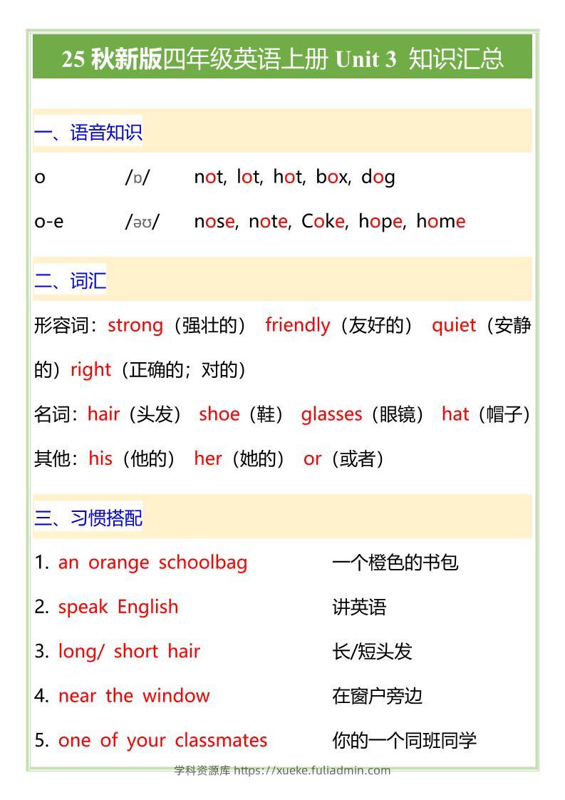 【2025秋新版】PEP版四年级英语上册Unit3知识汇总-学科资源库
