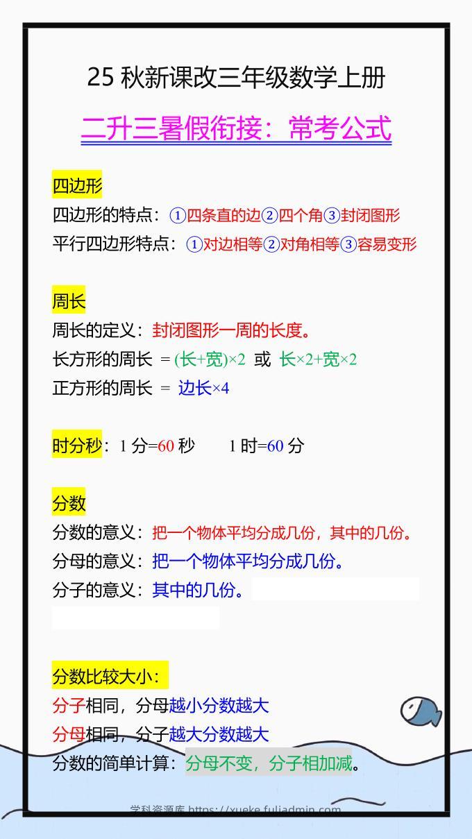 【2025秋新版】三年级数学上册常考公式，暑假衔接背一背！-学科资源库