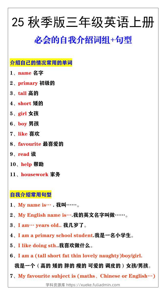 【2025秋新版】三年级英语必会的自我介绍词组+句型-三上英语-学科资源库