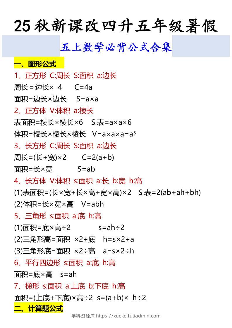 【2025秋新版】五上数学必背公式合集-学科资源库