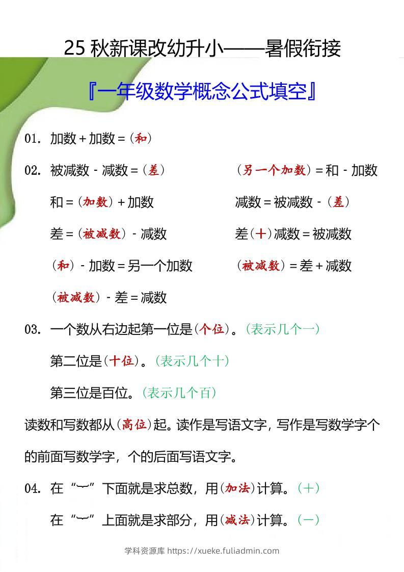 【2025秋新版】一年级数学概念公式填空-一上数学-学科资源库