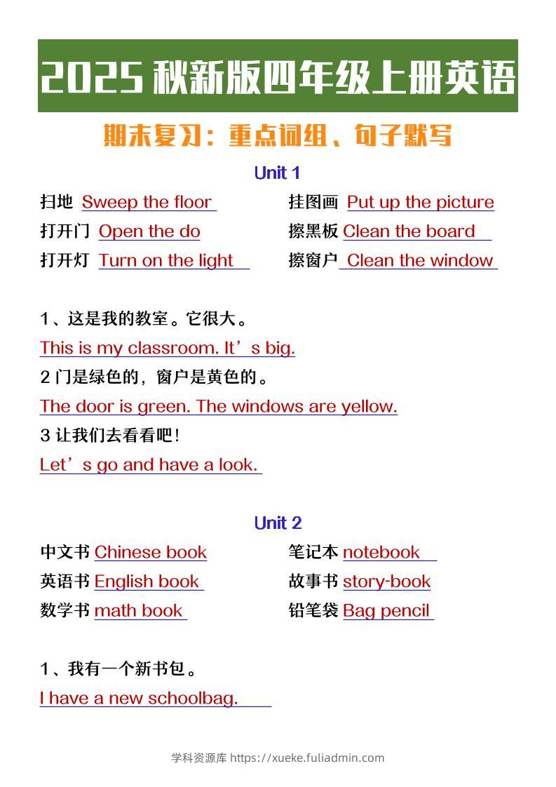 【2025秋新版】四年级上册英语期末复习必背必默短语句子-学科资源库