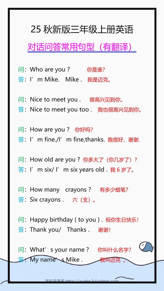 【2025秋新版】三年级上册英语常用句型，读一读，记一记！-学科资源库
