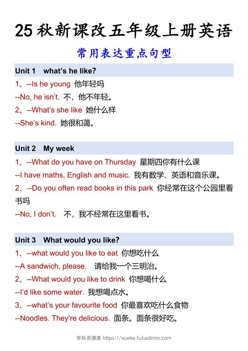 【2025秋新版】五年级上册英语常用表达重点句型-学科资源库