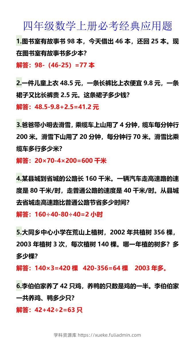 【2025秋新版】四年级数学上册必考经典应用题-学科资源库