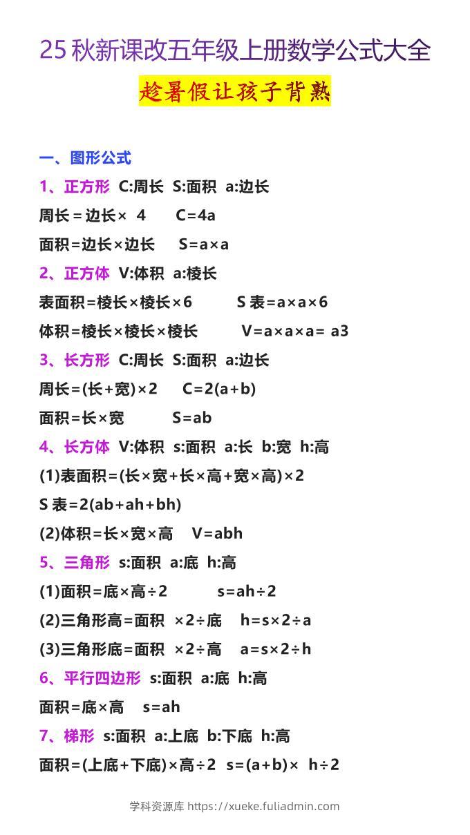【2025秋新版】五年级上册数学公式大全-学科资源库