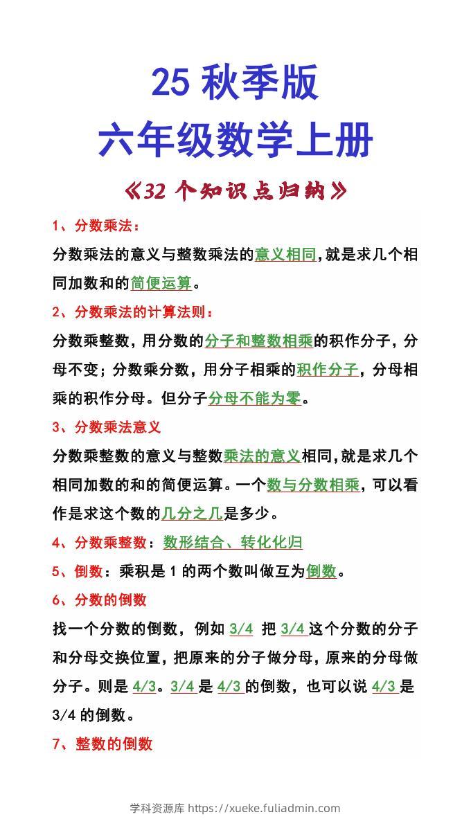 【2025秋新版】六年级数学上册《32个知识点归纳》-学科资源库
