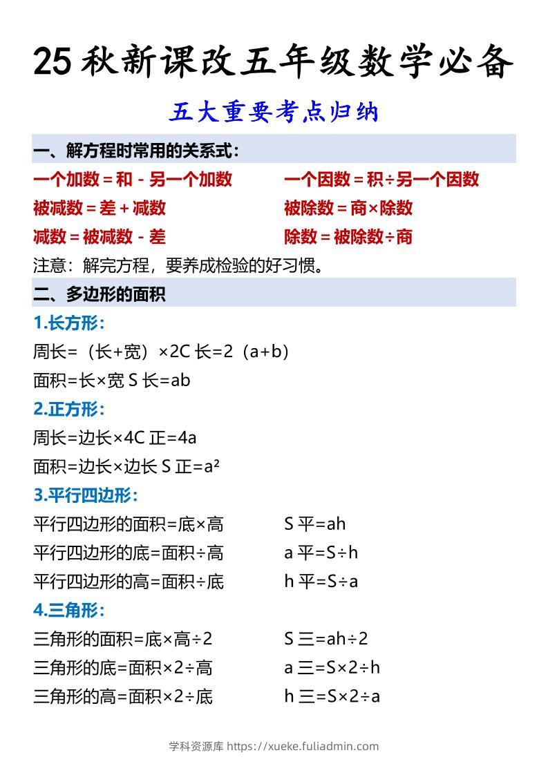 【2025秋新版】五年级数学必备五大重要考点归纳-五上数学-学科资源库
