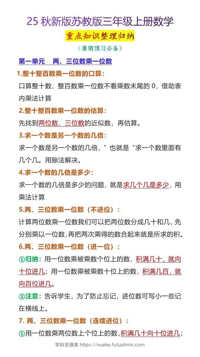 【2025秋新版】苏教版三年级上册数学重点知识整理归纳-学科资源库