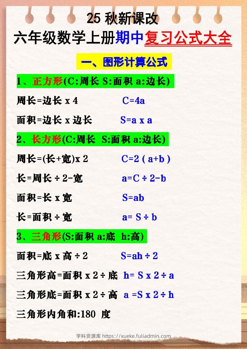 【2025秋新版】六年级数学上册期中复习公式大全图形计算公式-学科资源库