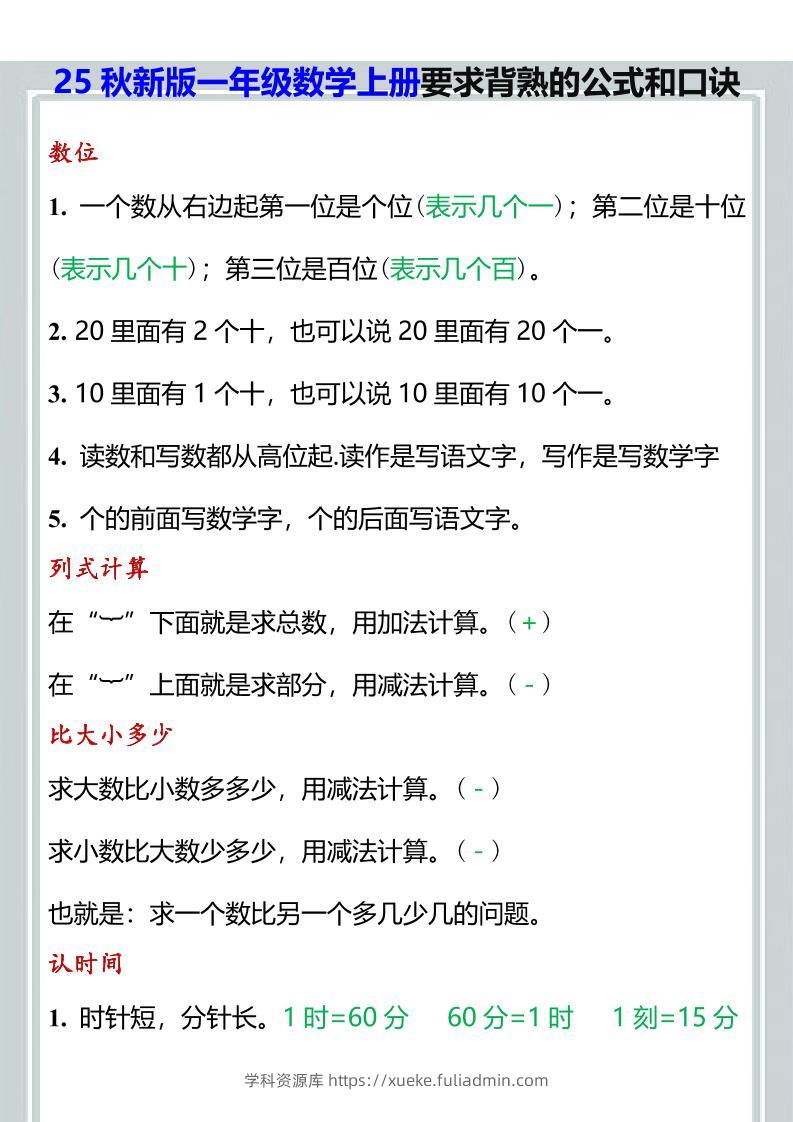 【2025秋新版】一年级数学上册要求背熟的公式和口诀-学科资源库
