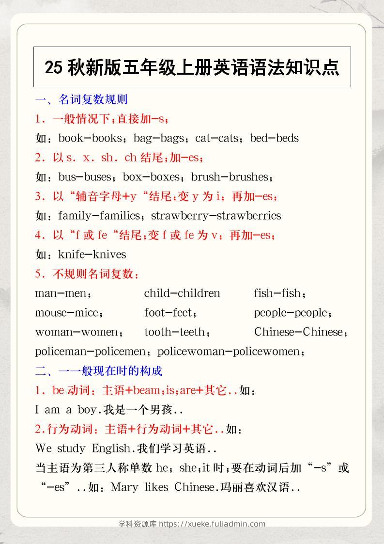 【2025秋新版】五年级上册英语语法知识点-学科资源库