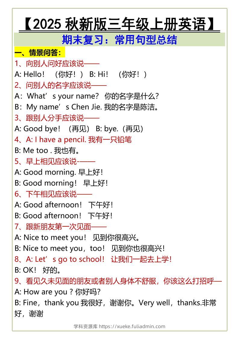 【2025秋新版】三年级上册英语期末复习：常用句型总结-学科资源库