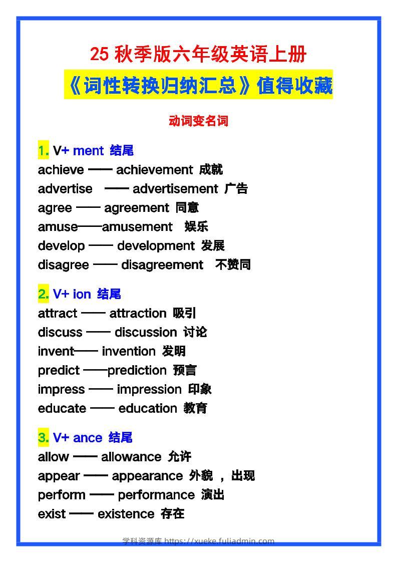 【2025秋新版】六年级英语上册《词性转换归纳汇总》，值得收藏！-学科资源库