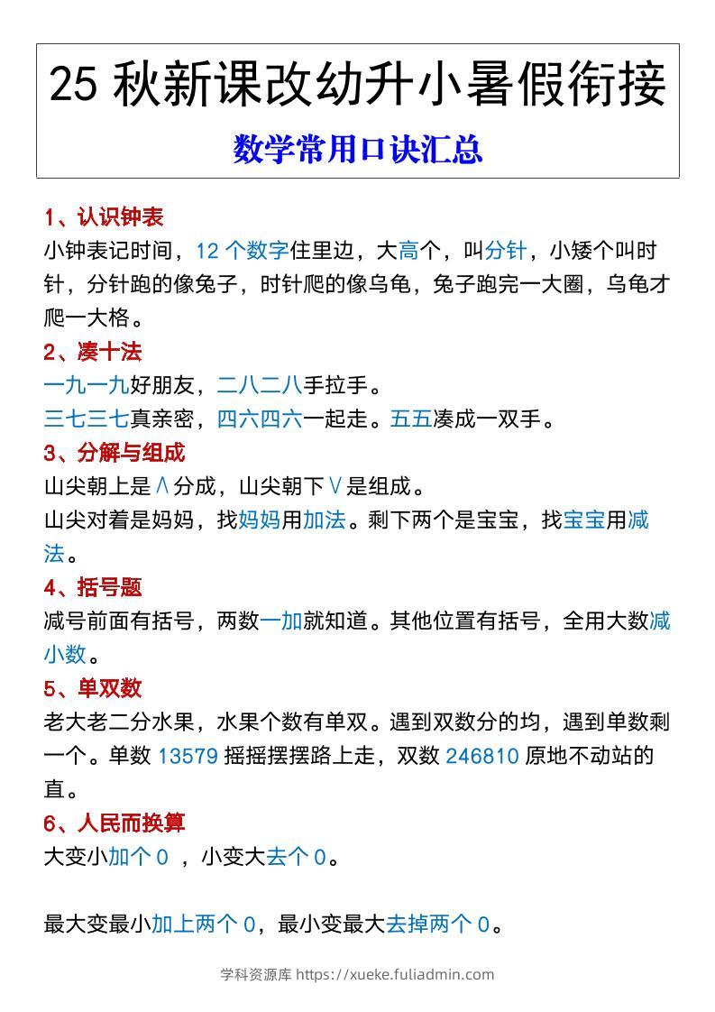 【2025秋新版】幼升小暑假衔接数学常用口诀汇总-一上数学-学科资源库