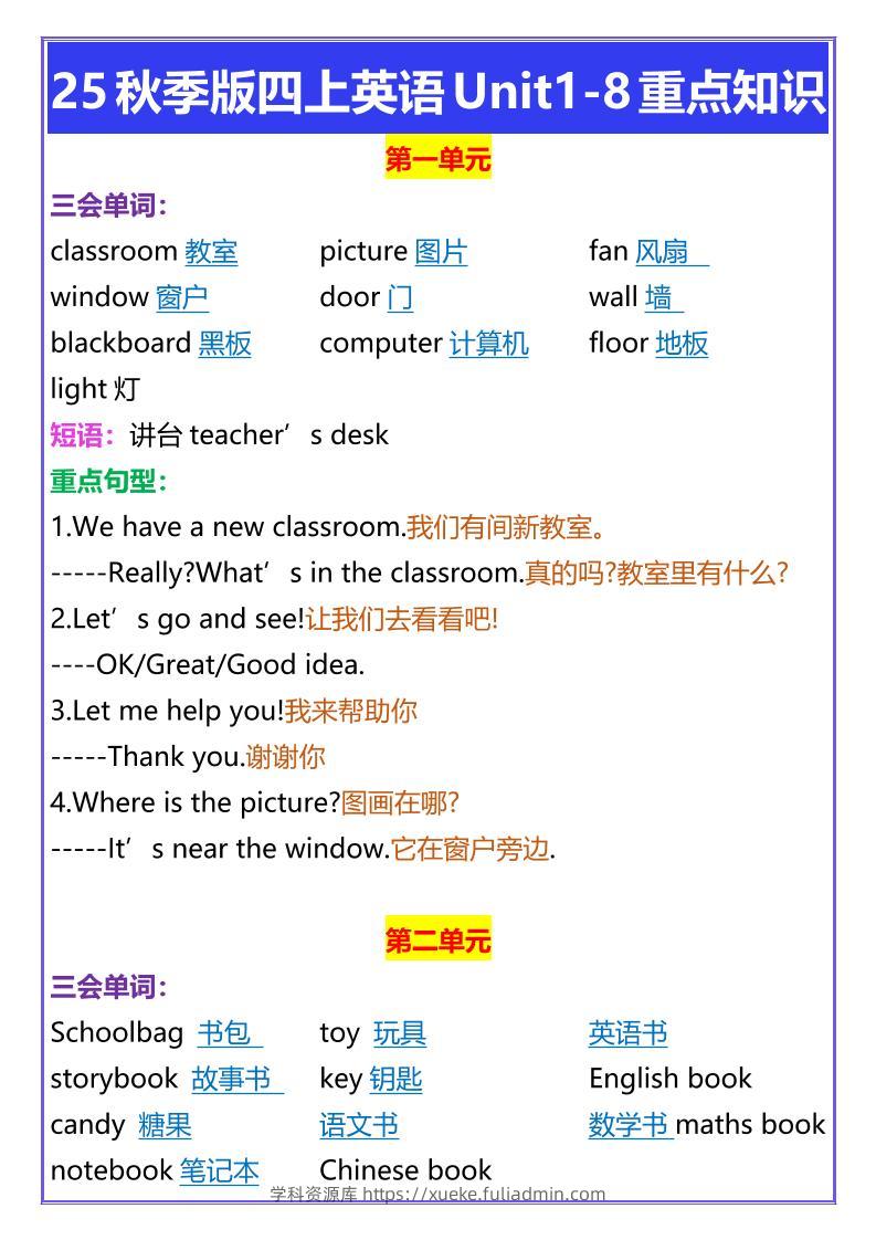 【2025秋新版】四年级上册英语Unit1-8重点知识-学科资源库