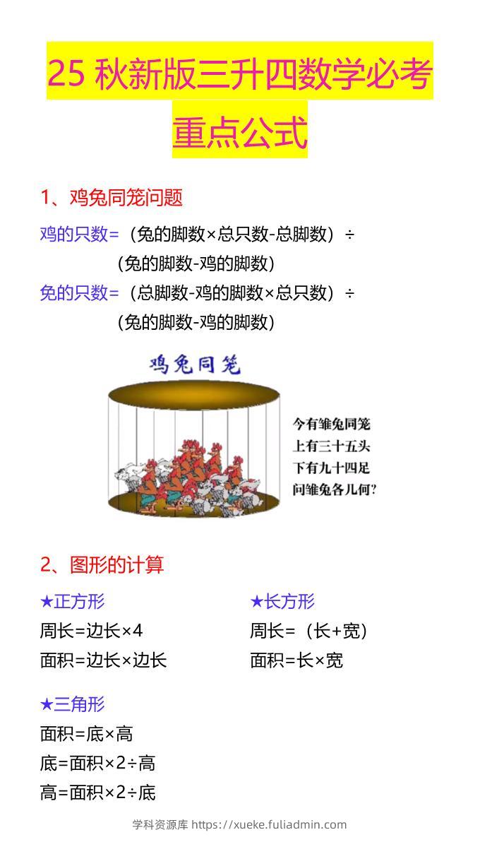 【2025秋新版】三升四数学必考重点公式-四上数学-学科资源库