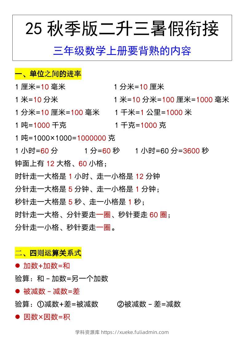 【2025秋新版】三年级数学上册要背熟的内容-学科资源库