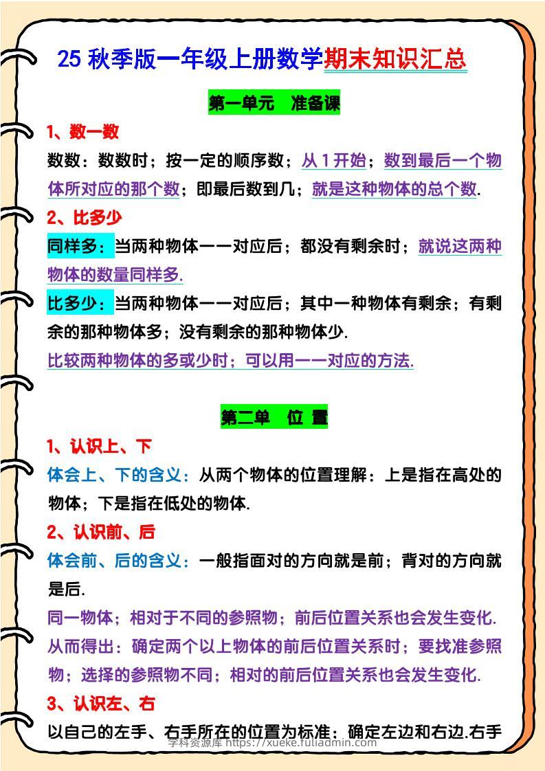 【2025秋新版】一年级上册数学期末知识汇总-学科资源库
