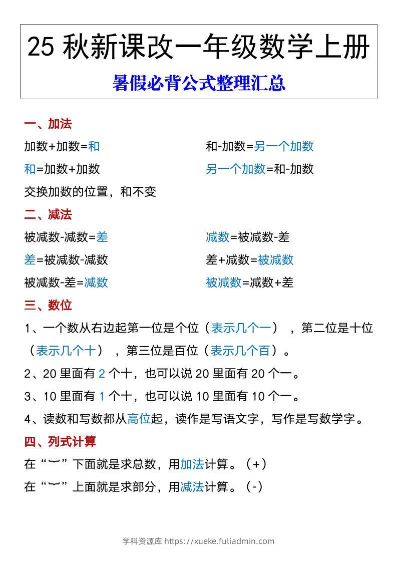 【2025秋新版】一年级数学上册暑假必背公式整理汇总-学科资源库