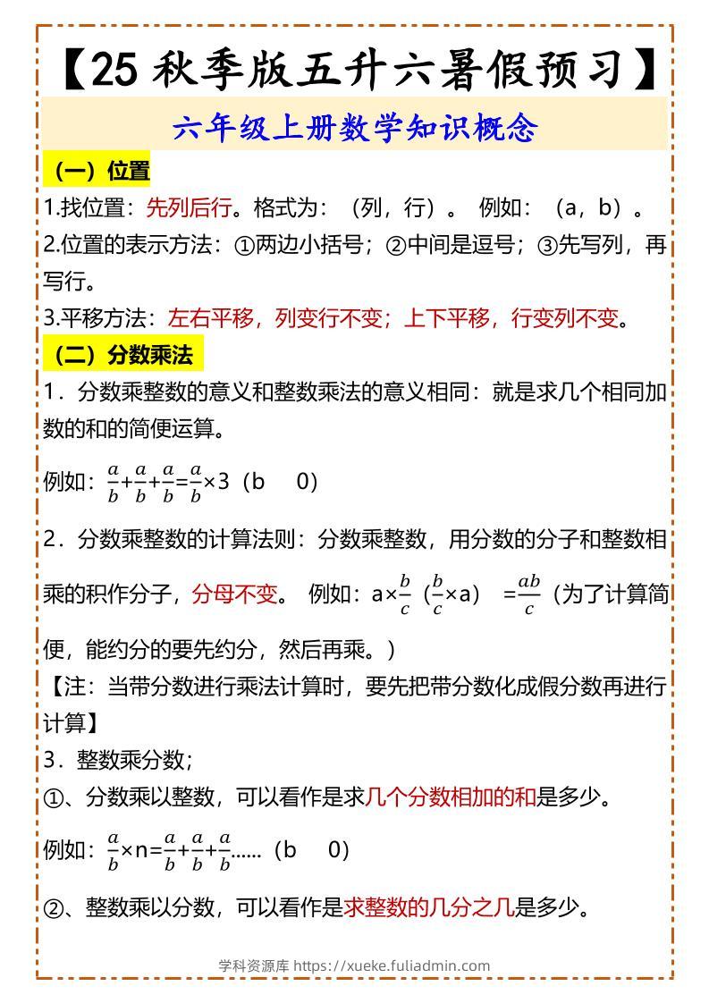 【2025秋新版】【五升六暑假预习】六年级上册数学知识概念-学科资源库