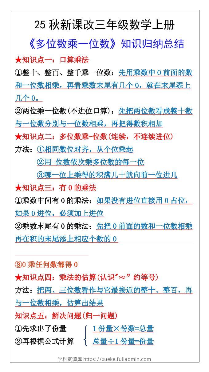 【2025秋新版】三年级数学上册多位数乘一位数知识总结归纳-学科资源库