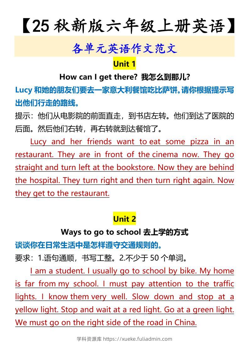 【2025秋新版】【六年级上册英语】各单元英语作文范文-学科资源库