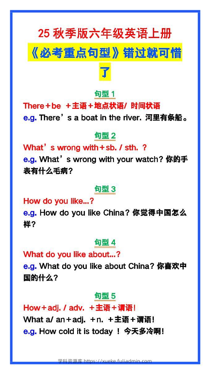 【2025秋新版】六年级英语上册《必考重点句型》错过就太可惜了！-学科资源库