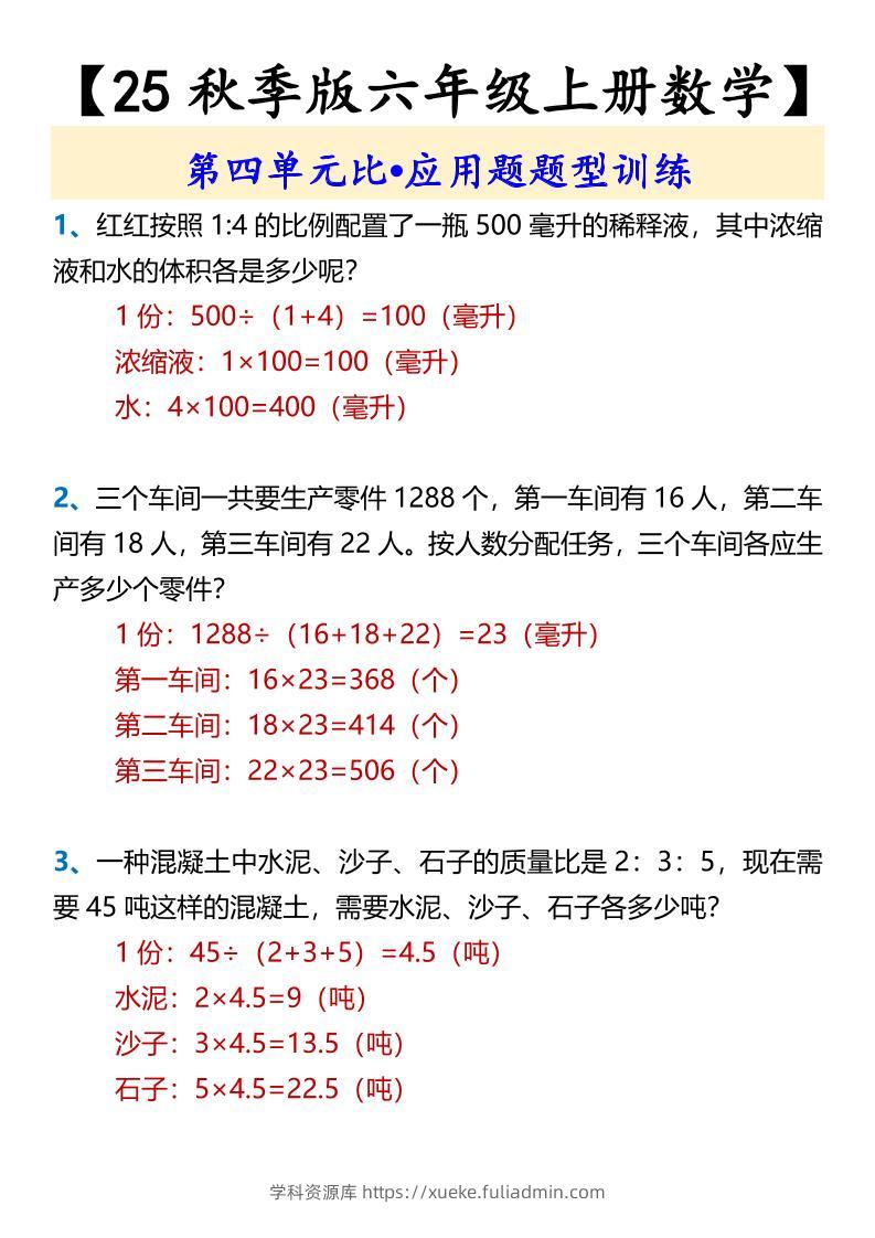 【2025秋新版】【六年级上册数学】第四单元比•应用题题型训练-学科资源库