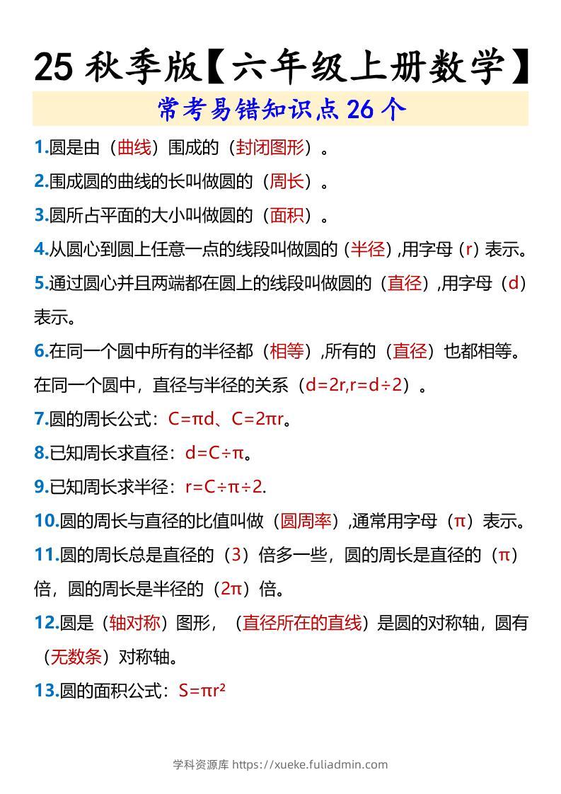 【2025秋新版】【六年级上册数学】常考易错知识点26个-学科资源库