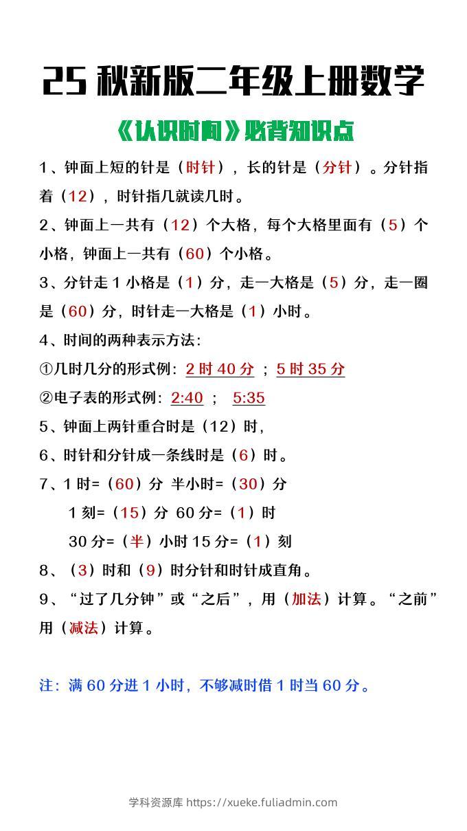 【2025秋新版】二年级上册数学认识时间必背知识点整理-学科资源库