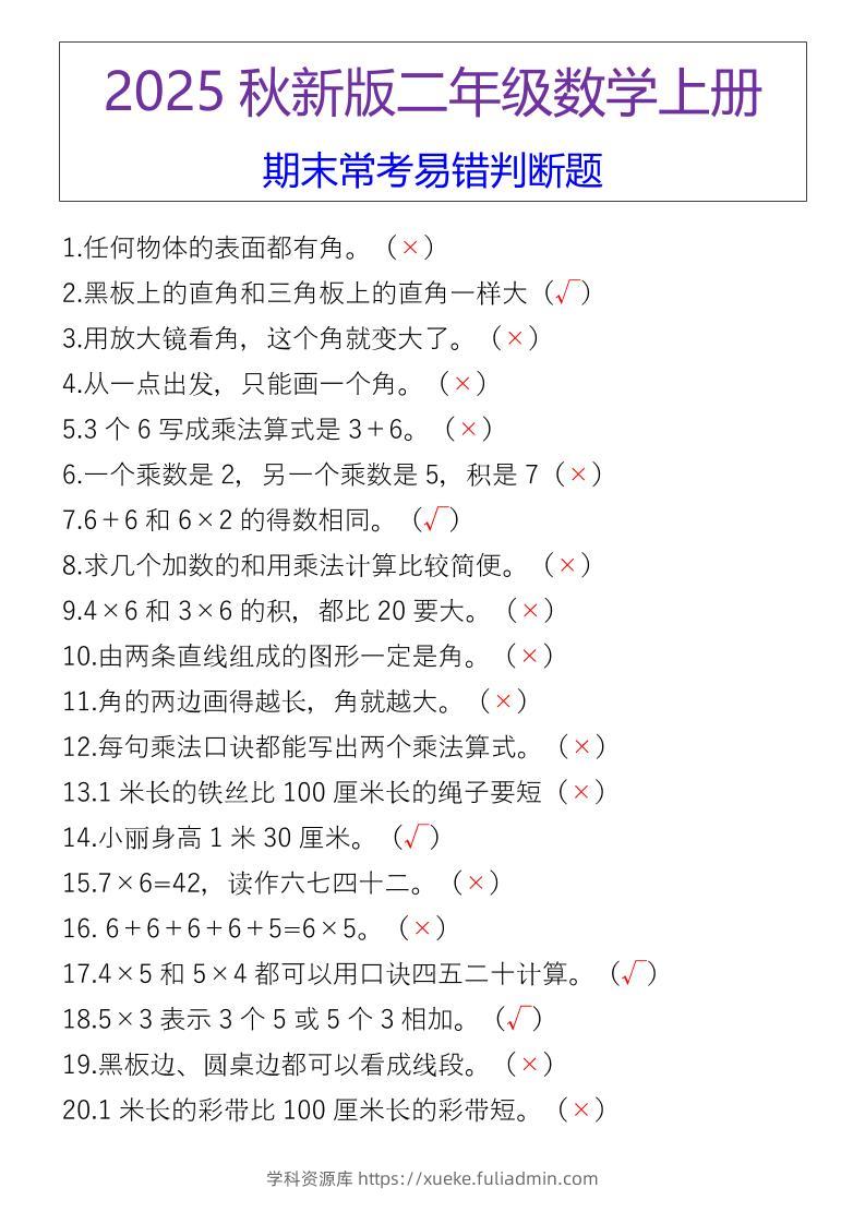 【2025秋新版】二年级数学上册期末常考易错判断题-学科资源库
