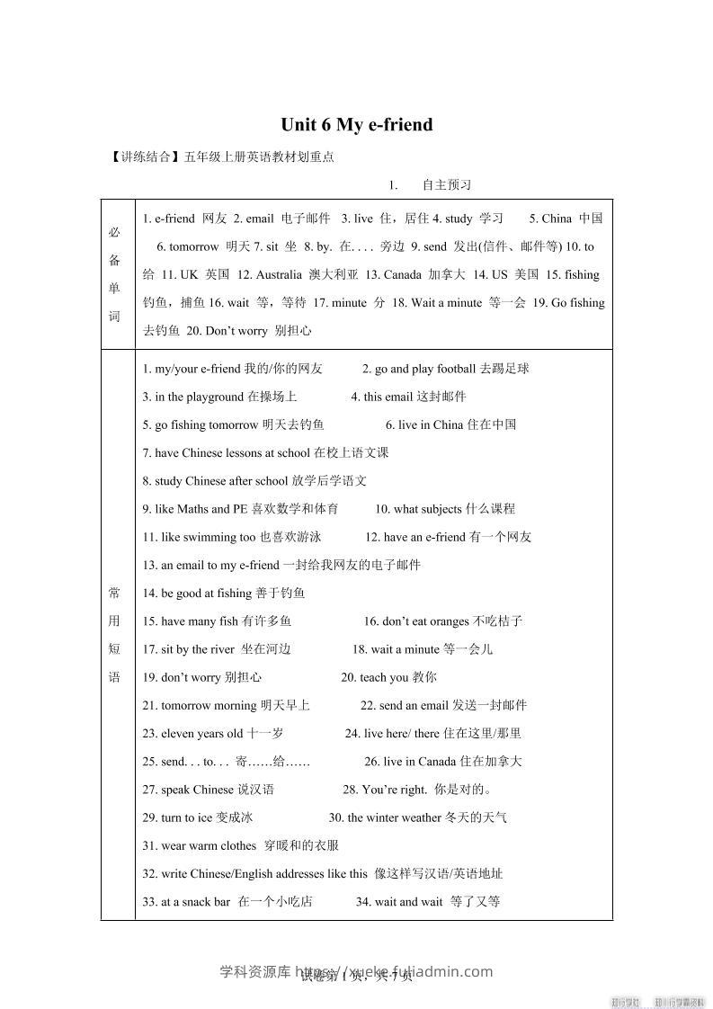 【单元热点难点】译林版（三起）英语五年级上册Unit6Mye-friend教材划重点-学科资源库