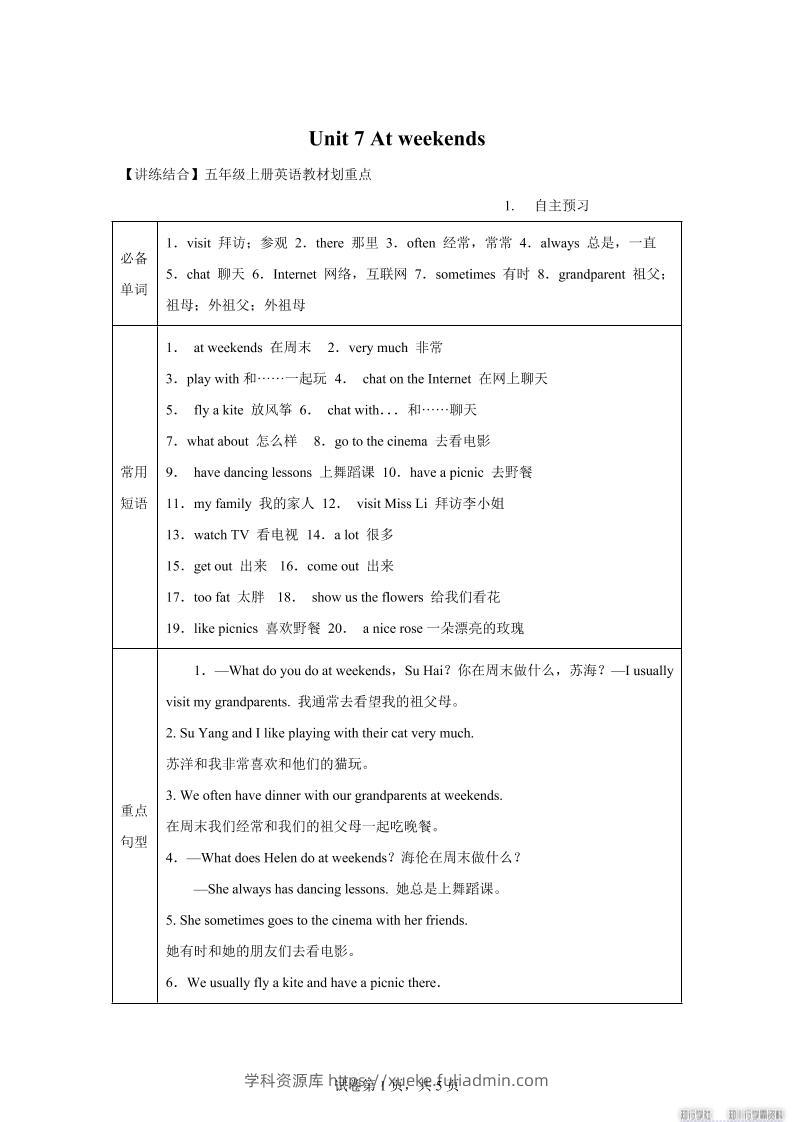 【单元热点难点】译林版（三起）英语五年级上册Unit7Atweekends教材划重点-学科资源库