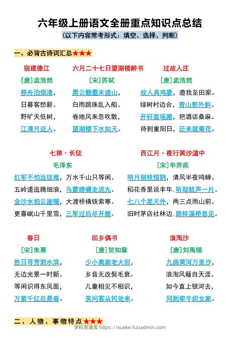 六上语文必背全册重点知识点总结11页-学科资源库