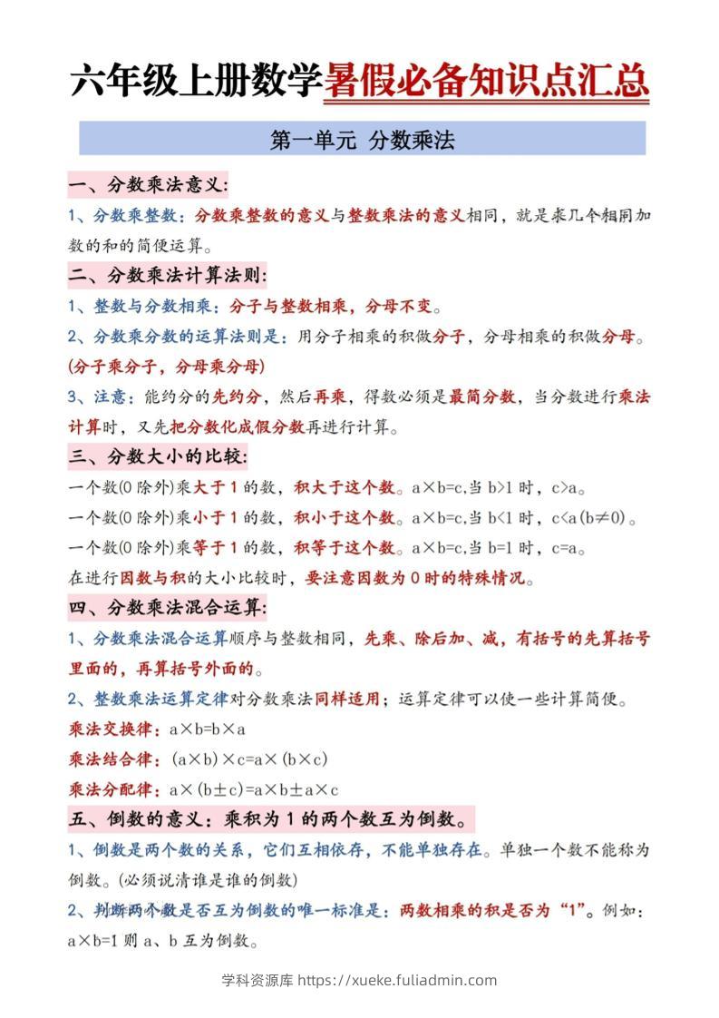 六年级上册数学暑假必备知识点汇总9页-学科资源库