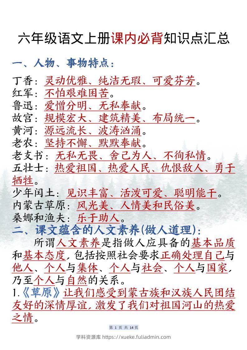 六上语文课内必背知识点汇总（共14页）-学科资源库