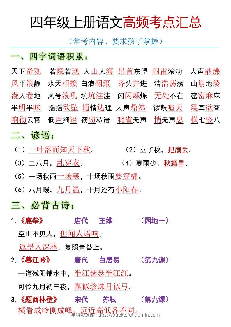 全册高频考点归类（节选）】四上语文-学科资源库