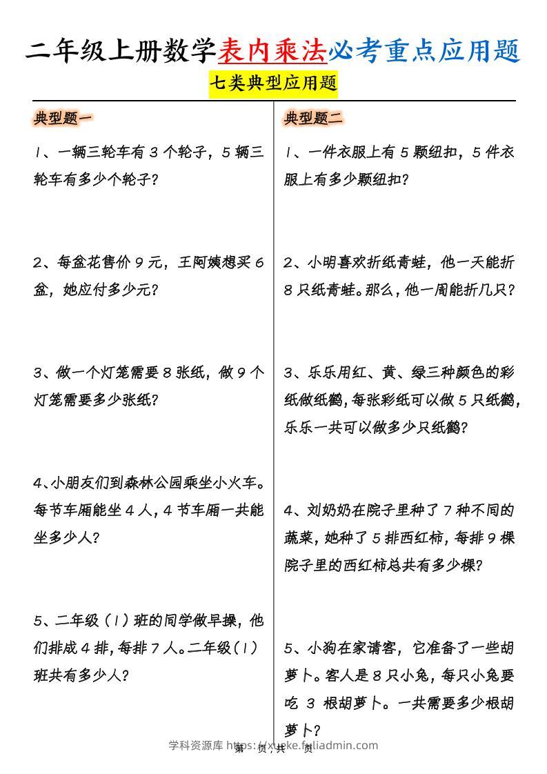 二上数学表内乘法必考重点七类典型应用题（含答案10页）-学科资源库