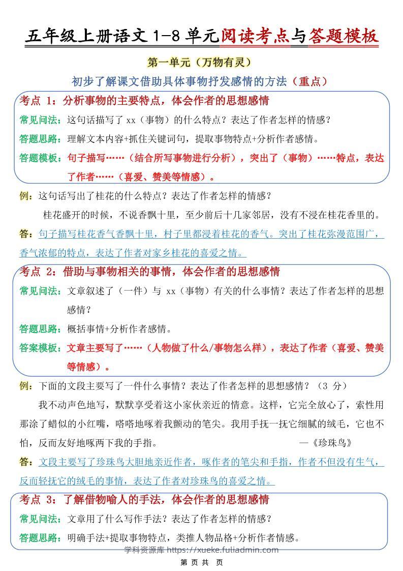 五上语文1-8单元阅读考点与答题模板-学科资源库