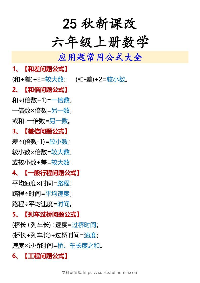 【2025秋新版】六年级上册数学应用题常用公式大全-学科资源库